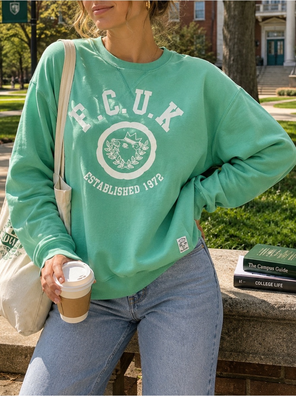 Vintage Y2K FCUK Crewneck Sweatshirt Size Small Green College Campus